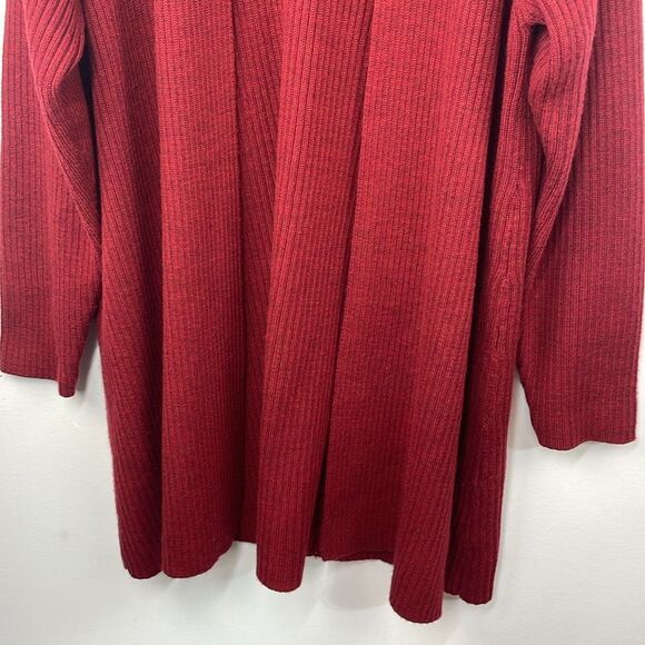 Eileen Fisher Open Front Ribbed Cardigan Sweater 100% Merino Wool Deep Red Med - Picture 4 of 13